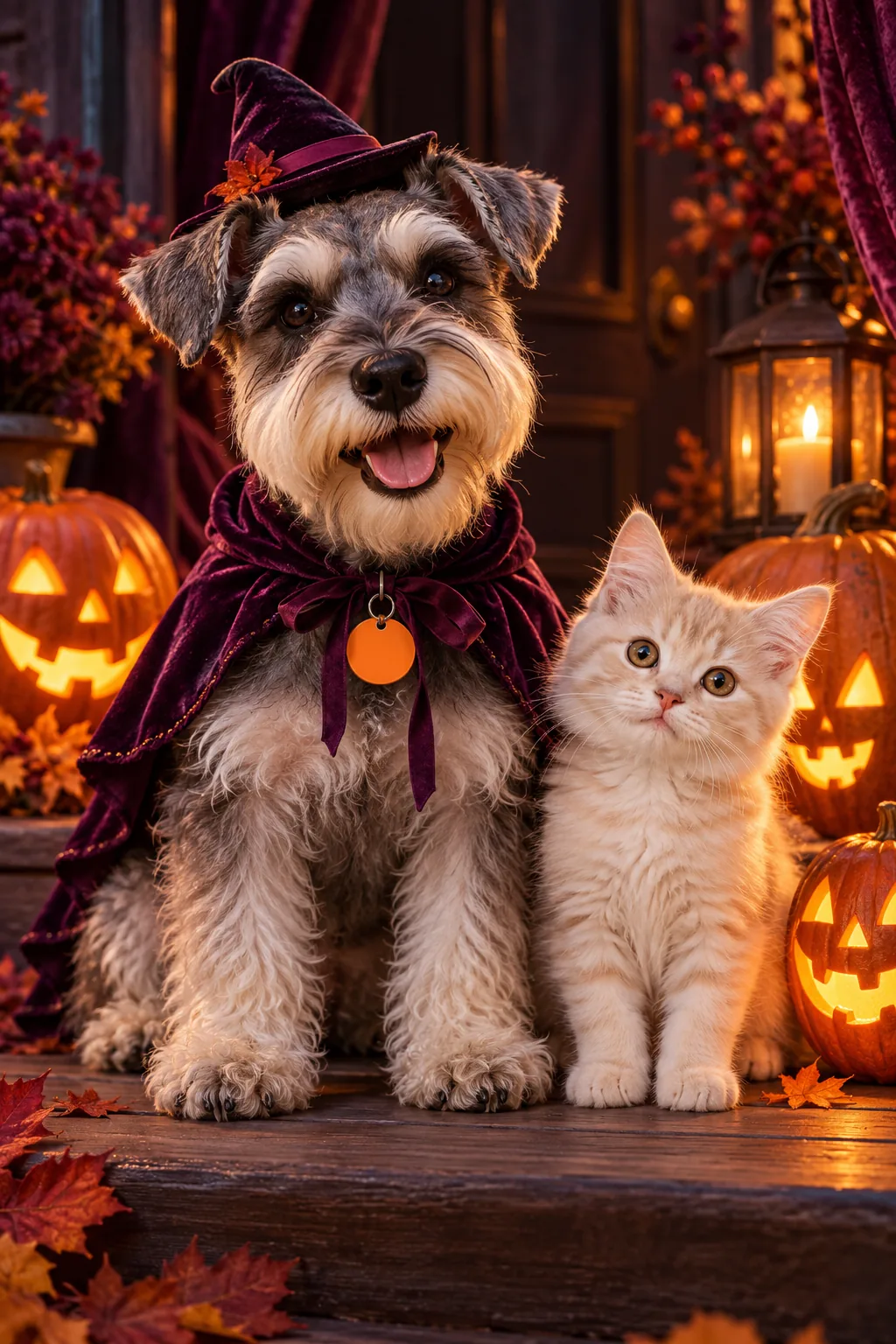 Schnauzer in a Halloween cape and cream kitten beside glowing pumpkins