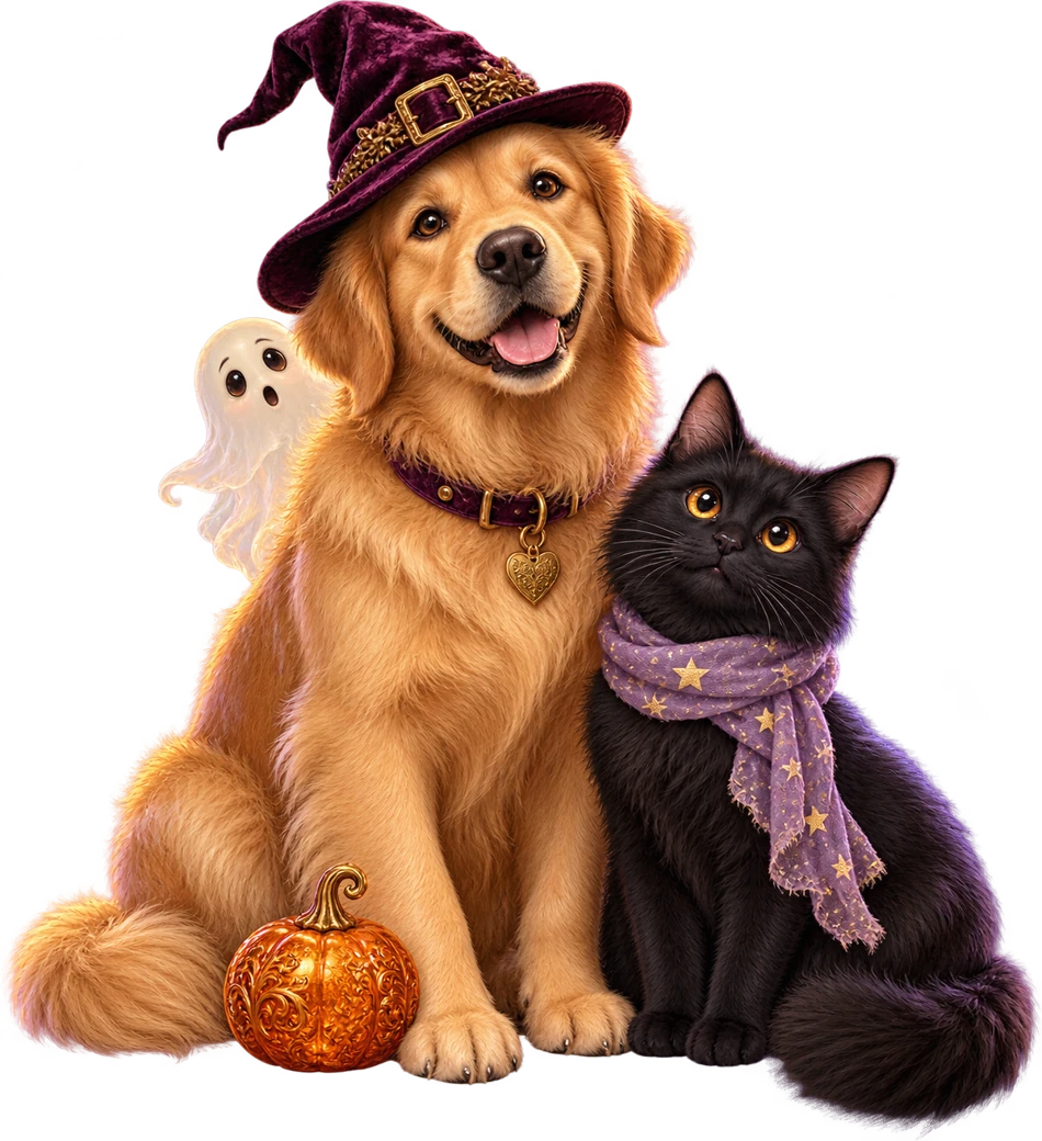 A golden retriever and black cat with detailed fur, purple Halloween accessories and a little friendly ghost